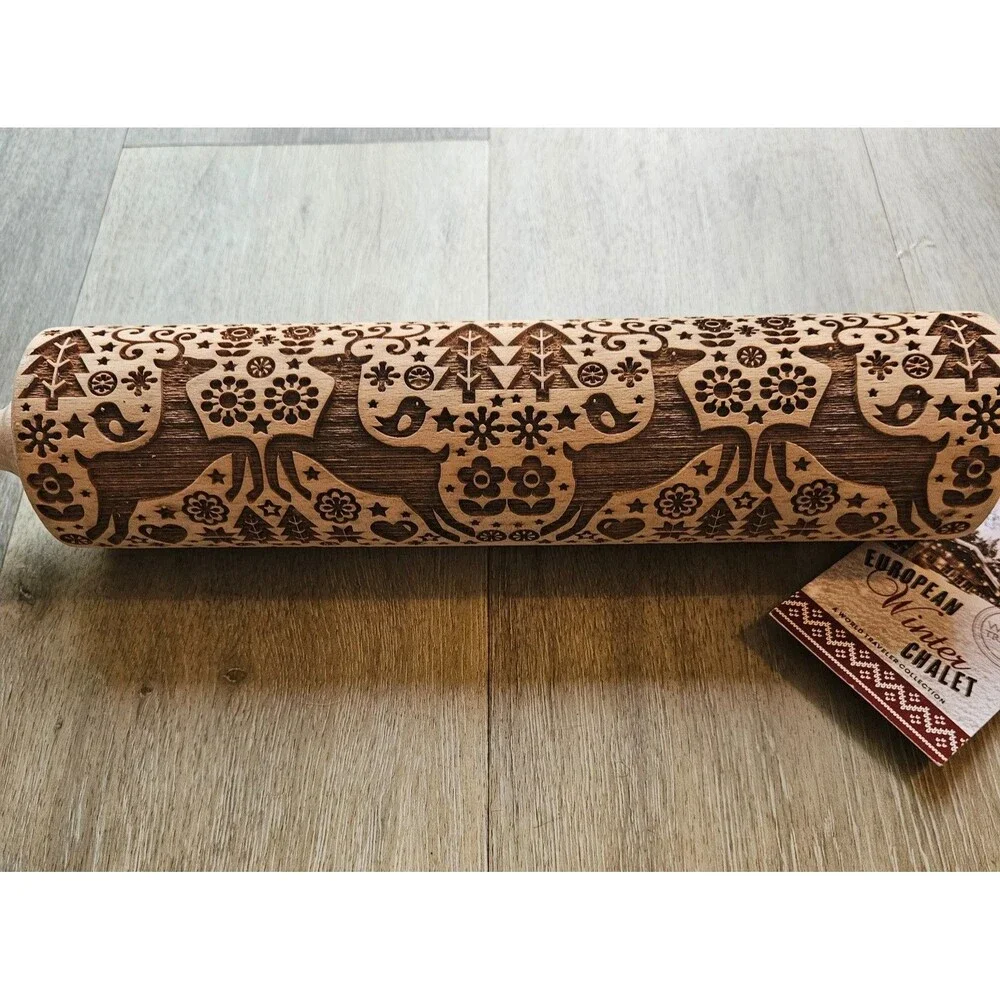 Poland Embossing Rolling Pin European Winter Chalet Deer Folk Art NIB